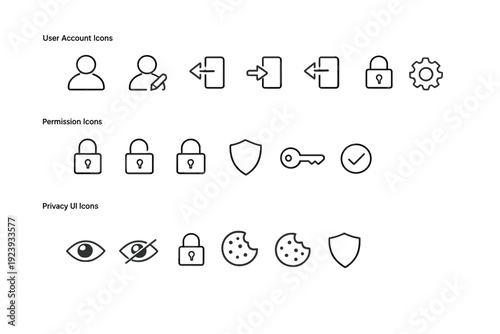 Collection of User Interface Icons for Digital Security and Privacy Management in Black and White