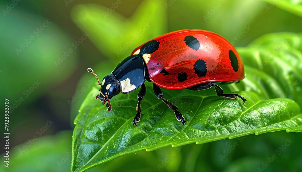 Obraz premium Close-up of a Vibrant Ladybug on a Lush Green Leaf.
