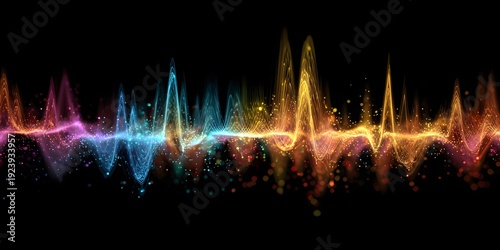 Abstract sound wave with colorful light particles, visualizer with bright peaks and smooth curves, dynamic digital audio spectrum on dark background, energy flow