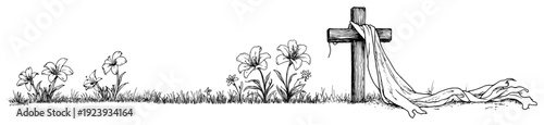 Horizontal border with christian cross draped in cloth and flowers sketch