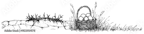 Easter landscape with crown of thorns and basket of eggs sketch