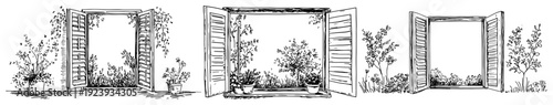 Set of three open wooden windows with plants and shutters sketch