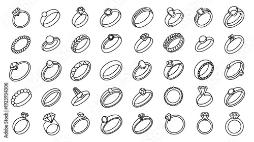 Vector set of wedding rings line icons, engagement diamond jewelry collection, marriage proposal symbols, love and romance concept, minimalist outline bands, anniversary gift linear bundle.