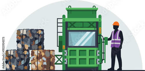Industrial green metal baler machine compacting recycled waste into square bales with a worker in a safety vest and orange hardhat