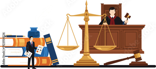 Flat vector illustration of a judge at a bench with a legal scales of justice gavel and law books for judicial concepts