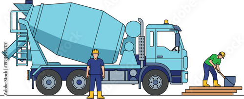 Flat vector illustration of a blue concrete mixer truck with construction workers in hard hats and boots working on a building site