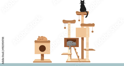 Flat vector illustration of cats sleeping and playing on modern multi-level scratching posts with condos 