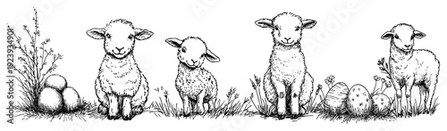 Horizontal border with cute sheep and easter eggs in grass sketch