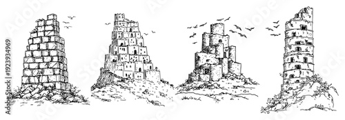 Set of ancient ruined stone towers and babel tower sketch