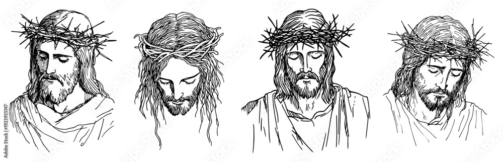 Fototapeta premium Portraits of jesus christ wearing crown of thorns in four styles sketch