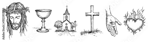 Set of christian religious symbols including sacred heart and church sketch
