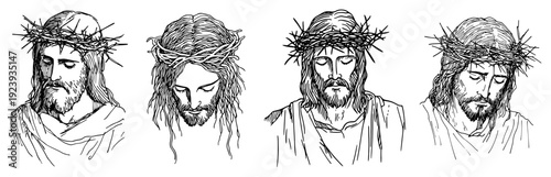 Portraits of jesus christ wearing crown of thorns in four styles sketch