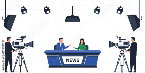 Flat vector illustration of a professional television news studio with anchors at a desk cameramen filming with large cameras and studio lighting