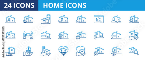 Home icon set. Containing house, property, loan, town, landlord, insurance, location, mortgage, for sale and more. Solid vector icons collection.