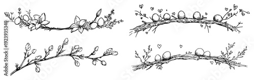 Set of floral easter borders with willow branches and eggs sketch