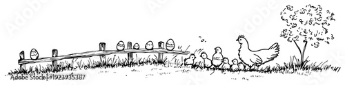 Rural farm landscape with chicken and easter eggs on fence sketch