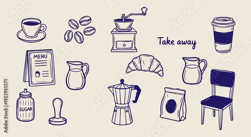 Hand-Drawn Coffee Shop Doodle Icon Set – Espresso Cup, Beans, Grinder and Cafe Elements Loose Sketch Vector