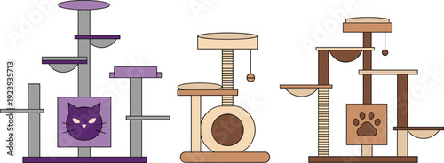 Flat vector illustration set of modern cat trees and scratching posts with platforms hanging toys and 