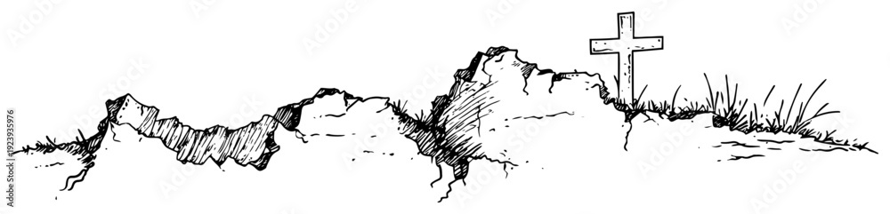Obraz premium Hand drawn sketch of rocky hill landscape with small cross