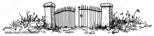 Old open iron gate with stone pillars and grass sketch