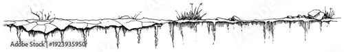 Horizontal border of cracked dry earth and grass roots sketch