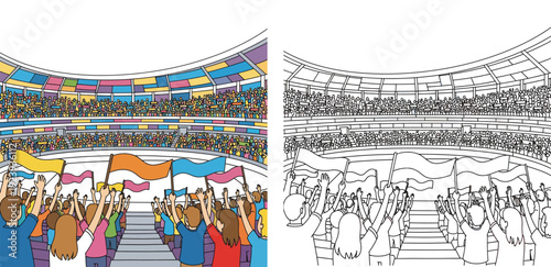 Cheering Crowd in Stadium with Flags - Sports Event Spectators Vector