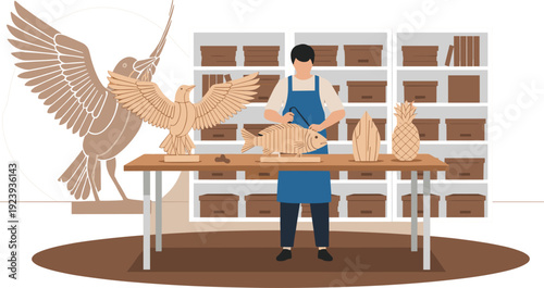 Male craftsman in a workshop assembly of wooden 3D models of animals and fruit including eagle fish and pineapple shapes.
