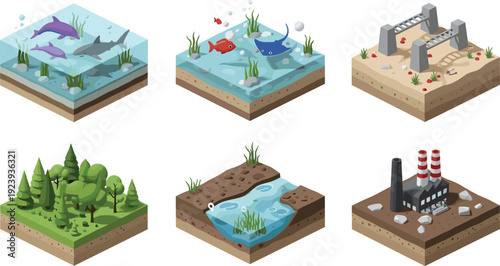 Set of isometric 3D ecosystem icons featuring marine life ocean forest river desert and industrial factory pollution on terrain cross sections.