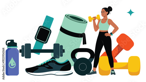 fitness equipment set with woman lifting dumbbell including yoga mat, sneakers, smartwatch and water bottle workout illustration