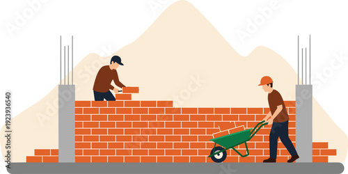 Flat vector illustration of construction workers building a brick wall and using a wheelbarrow on a building site for masonry and industrial designs.