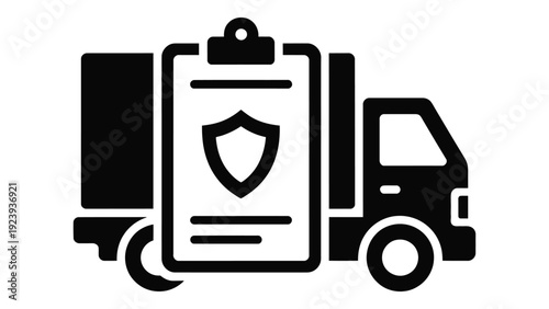 delivery truck with clipboard and shield icon representing logistics security, shipment inspection, cargo verification and transport service