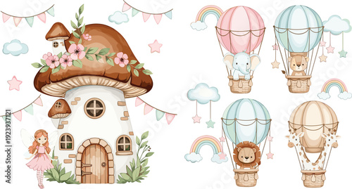 Cute watercolor mushroom fairy house with floral accents and fairy character plus safari animals in hot air balloons 