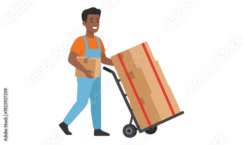 Delivery Man Pushing Hand Truck with Cardboard Boxes