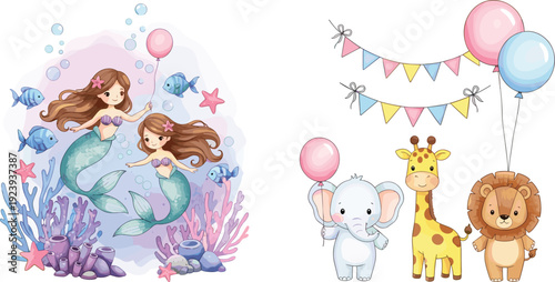 Cute watercolor mermaid characters swimming in ocean with coral and safari animal set including elephant giraffe and lion with balloons for birthday party.