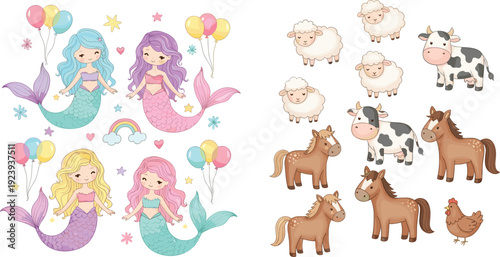 Cute watercolor mermaid characters with colorful balloons and rainbow plus domestic farm animal set with horse cow sheep and chicken for nursery decor.