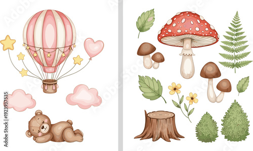 Cute watercolor sleeping teddy bear with pink hot air balloon and clouds set plus woodland botanical elements with mushroom fern and tree stump.