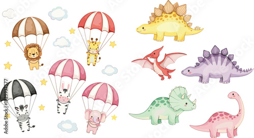 Cute watercolor safari animals flying with parachutes including lion giraffe zebra and elephant plus prehistoric dinosaur collection for baby nursery wall art.
