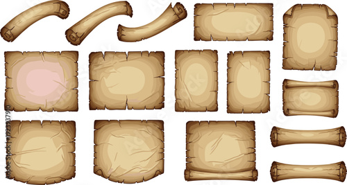 Vintage old paper parchment scrolls and antique torn page borders set for treasure maps medieval documents certificates and retro scrapbooking background designs.