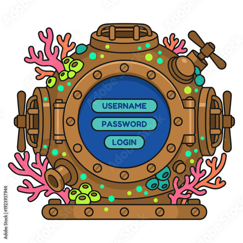 Vintage Deep Sea Diving Helmet Login Window UI with Bolt Details and Circular Frame