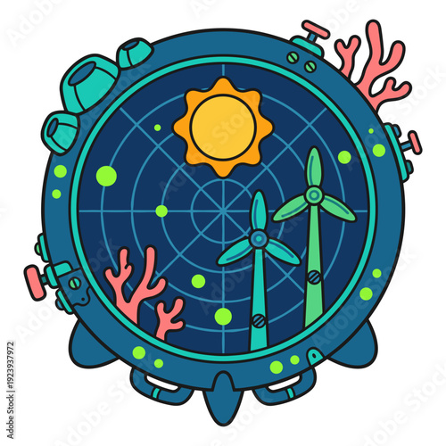 Circular Sonar Weather Widget with Radar Display Sun Icon and Wind Turbines
