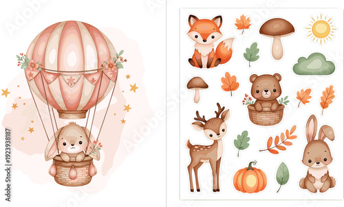 Cute watercolor autumn woodland animal set with bunny in hot air balloon fox deer bear and pumpkin stickers for fall nursery decor.