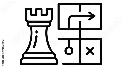continuous line illustration of chess rook with strategy plan board symbolizing business planning leadership tactics and decision making