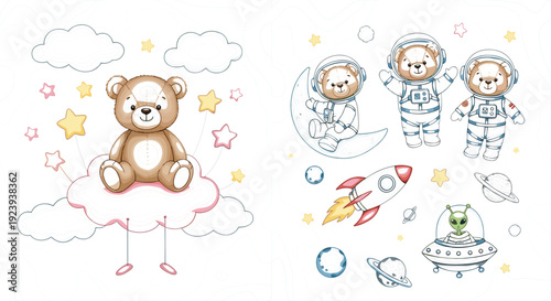 Cute teddy bear astronaut in space with rocket ship and alien plus sweet bear sitting on pink cloud for nursery wall art decor.