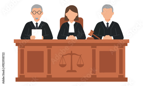 Judges sitting at a judge's bench with scales of justice and gavel