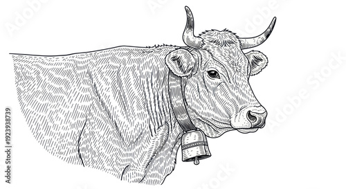 Detailed Engraving Illustration of a Cow with a Bell Collar