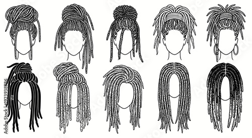 Dreadlocks Hairstyles Collection - Black and White Line Art