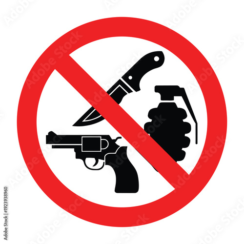 prohibition sign with gun knife and grenade symbolizing no weapons allowed warning safety restriction and security policy