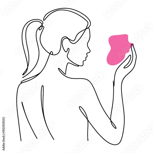 continuous line illustration of woman holding pink heart symbolizing self love body positivity confidence and mental wellbeing