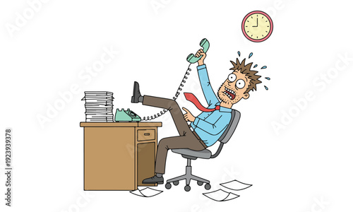 Stressed Businessman Overwhelmed at Desk with Telephone Call