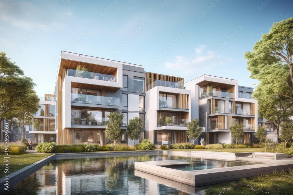Fototapeta premium Modern luxury apartment complex offering contemporary living spaces surrounded by nature